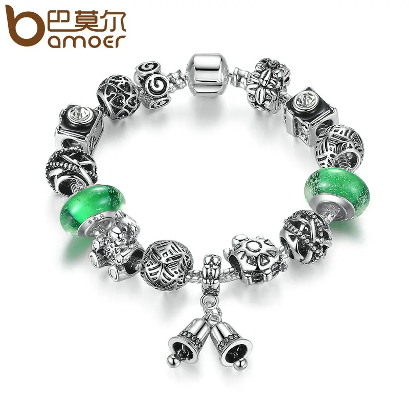 

BAMOER Vintage Silver Color Bells Pendant & High Quality Green Murano Beads Openwork Charm Bracelets Jewelry Accessories PA1906