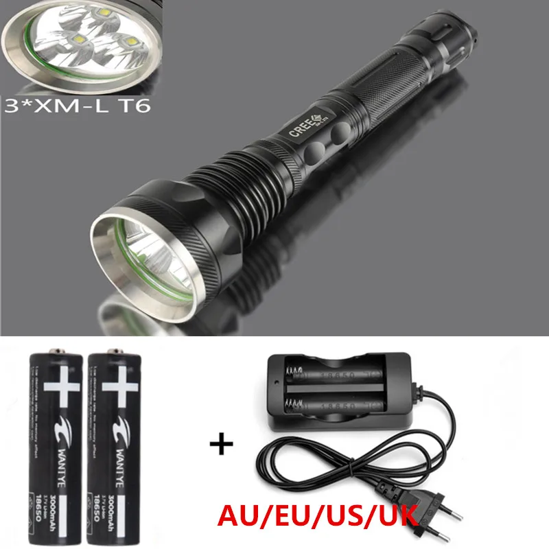 

High power 6000LM lights XM-L T6 LED Flashlight lanterna 3T6 Torch lamp Tactical Flash light + 2x18650 Battery+Charger