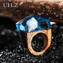 UILZ Moda Resina Concha Blanca Anillos De Madera Rectángulo Hecho A Mano de La Vendimia Anillos Mujeres Hombres Regalo de La Joyería JWRP044