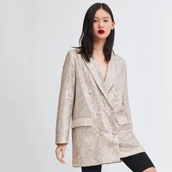 

Sequined Suit Female 2019 Spring Autumn Europe Women Fashion Bling Double Breasted Silver Dinner Party Occasion Blazer
