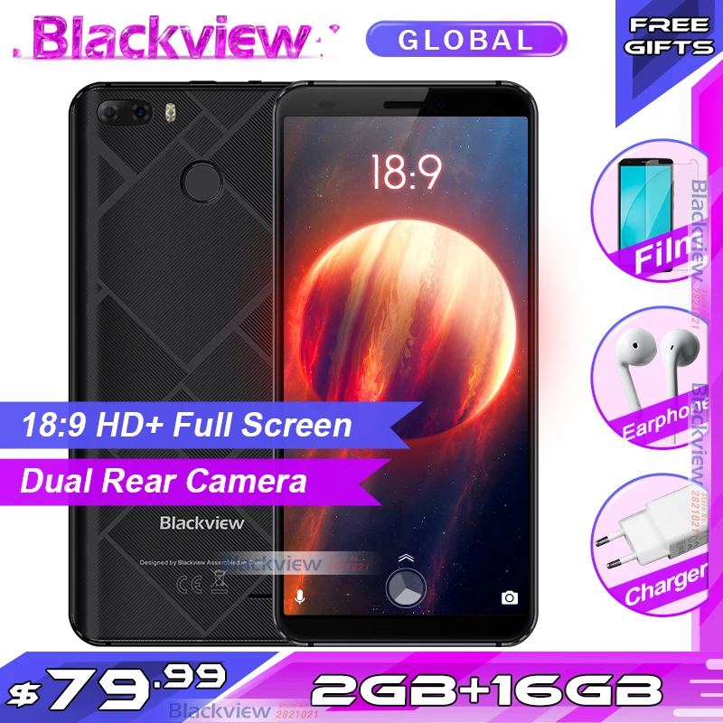 Blackview S6 Cell Phone 5.7 inch 18:9 HD+ Full Sceen 2GB+16GB MT6737VWH Quad Core Android 7.0 Dual Back Cams Smartphone