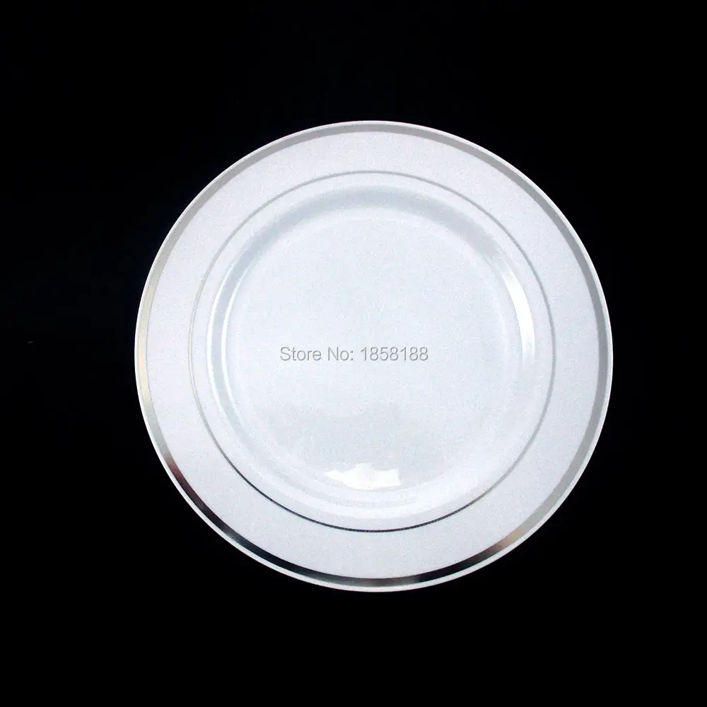 120 шт./лот 10," Белая серебряная оправа пластиковая обеденная тарелка круглая тарелка Свадебные тяжелые вечерние праздничные Первичная пластина EMS