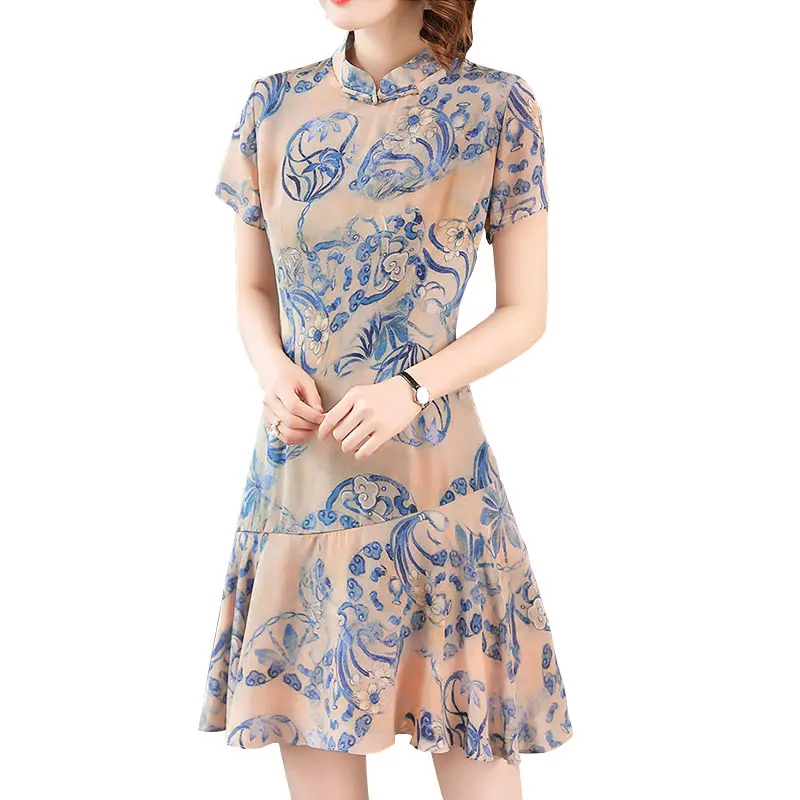 

Silk Cheongsam Summer 2019 New Female Silk Stand Collar Vintage Slim Blue And White Porcelain Silk Bodycon Dress Vestidos HJ301