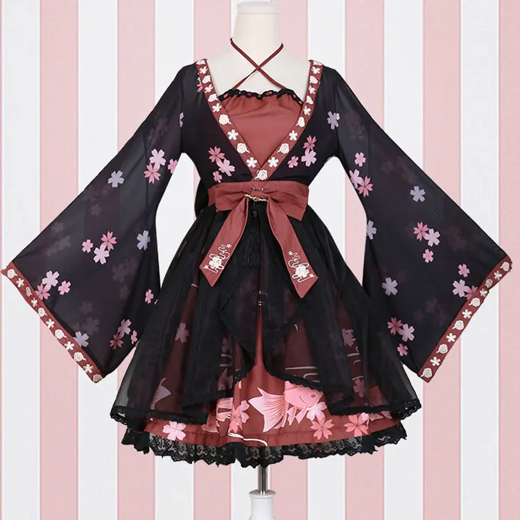 Vintage Chinese Style Qi Lolita Dress Sweet Flower &amp Fish Printed Chiffon | Тематическая одежда и униформа