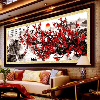 

QIANZEHUI,Needlework,DIY 100% precision printing Primula plum, landscape Cross stitch ,scenery full embroidery ,Wall Home Decro