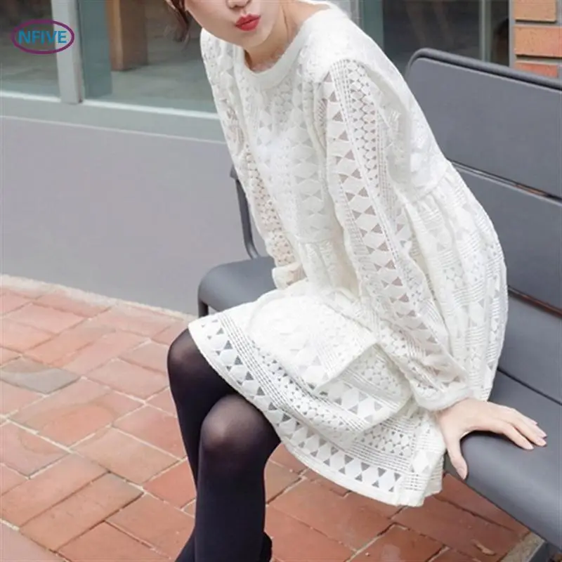 

NFIVE Brand 2018 Woman White Lace Dresses Fashion Spring Autumn Korean Hollow Out Vestidos Large Size Sweet Style Cotton Dress