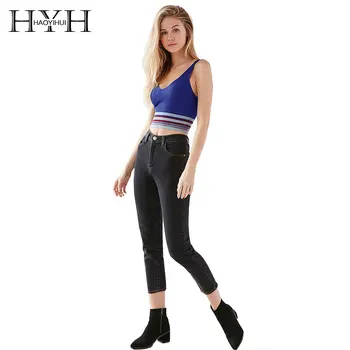 

HYH HAOYIHUI 2018 Summer Women Fashion Knit Tank Sexy Sleeveless Lady Tops V-Neck Clothing Fitness Camis Stripe Slim Crop Top