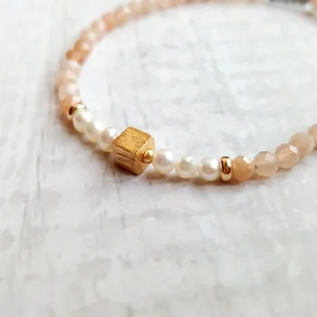 

Lii Ji Natural Sunstone Real Pearl 925 Sterling Silver Gold Plated Cube Sparkling Bracelet Delicate Jewelry