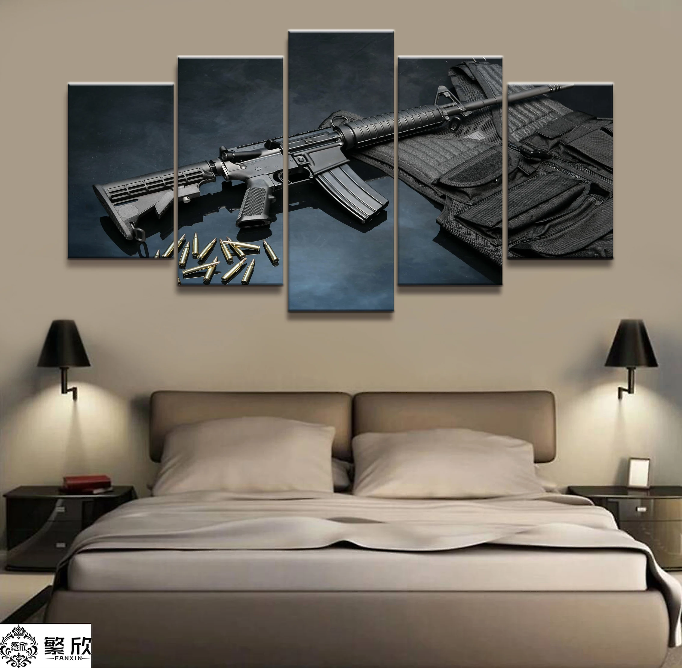 

Wall Art Poster Painting Modular Pictures For Living Room Decorative Pictures Canvas Printed 5 Panel War Weapon M4A1 Musket