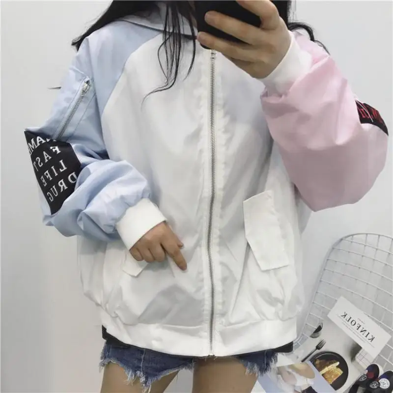 amazing  Spring Autumn Women Contrast Short Jacket Long Sleeve Zipper Letter Jacket Korean Loose Patch Femal
