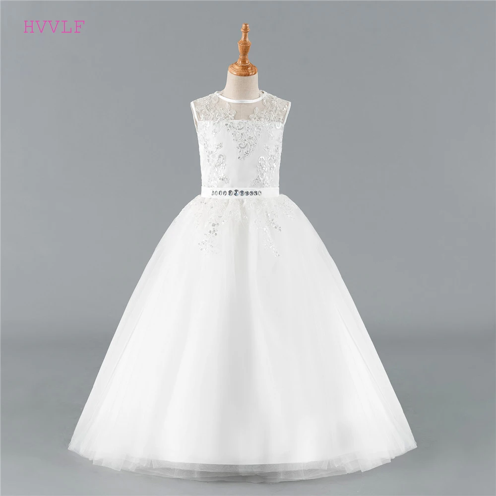 

Ivory 2019 Flower Girl Dresses For Weddings A-line Cap Sleeves Tulle Bow Lace Crystals First Communion Dresses For Little Girls