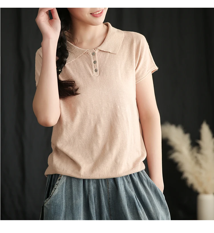

simple solid color candy color bamboo cotton turn-down collar short sleeve tee top t-shirt summer