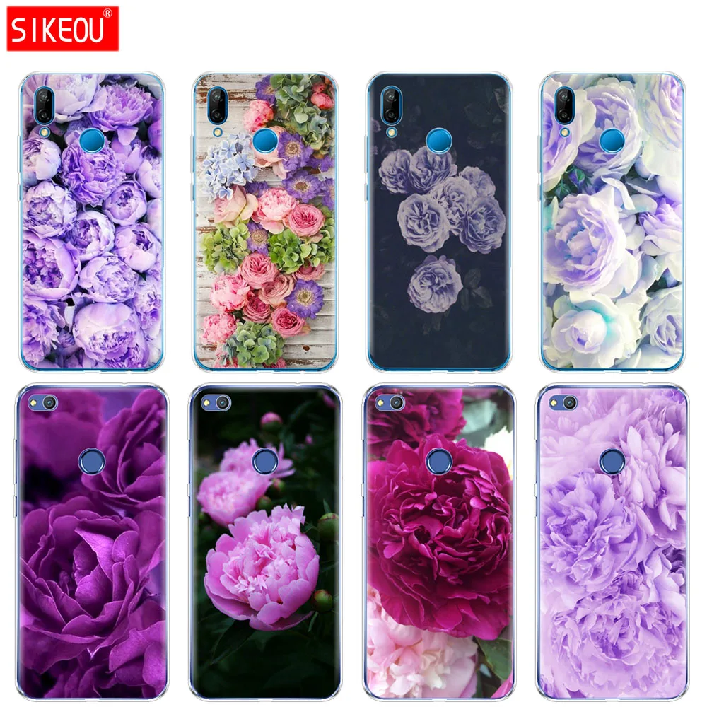 

Silicone Cover Phone Case For Huawei P20 P7 P8 P9 P10 Lite Plus Pro 2017 P smart 2018 purple Summer peonies flowers peony