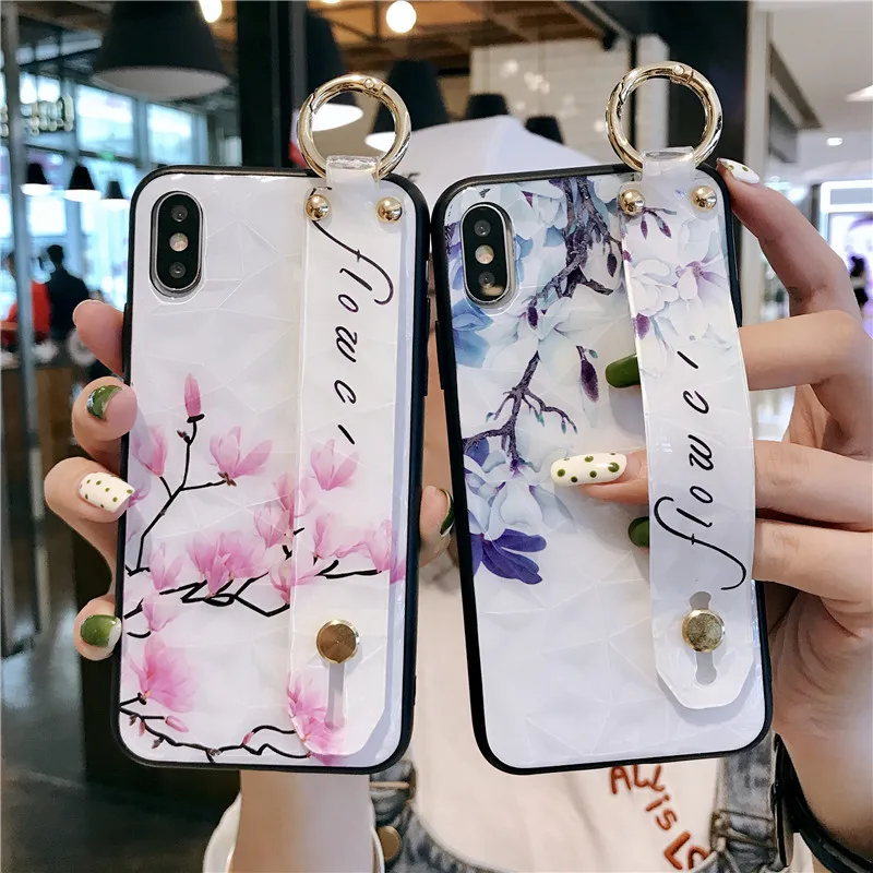 

Wrist Strap Soft TPU Case For iphone 7 8 6 6s plus Diamond Texture Case For iphone X Xs max XR Vintage Flower Phone Holder Case