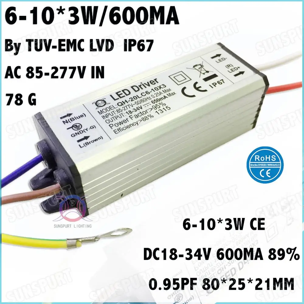 

5 Pcs TUV-CE IP67 PFC 20W AC85-277V LED Driver 6-10Cx3W 600mA DC18-34V Constant Current LED Power For Ceiling Lamp Free Shipping