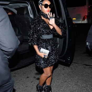 

2019 spring new celebrity show runway women's mini dress black sexy V-neck half-sleeved halter dress celebrity party club dress