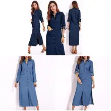 New Arrival Women Long Sleeve Lapels Shirt Denim Buttons Long Shirt Dress Party Cocktail Coat trendy shirt collar long sleeve denim shirt for women