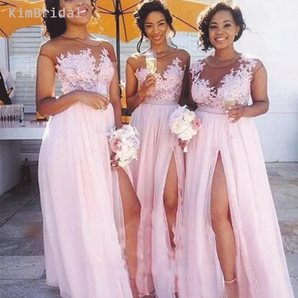 

Pink Bridesmaid Dresses 2019 Sheer Crew Neckline Lace Appliques A Line Floor Length Maid Of Honor Dresses Wedding Party Dresses