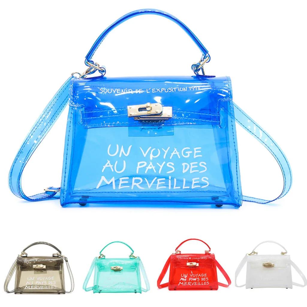 

Jelly Shoulder Bag Women Clear Transparent PVC Bag Letter Candy Color Women Crossbody Top-handle Bag Luxury Sac Femme #G8