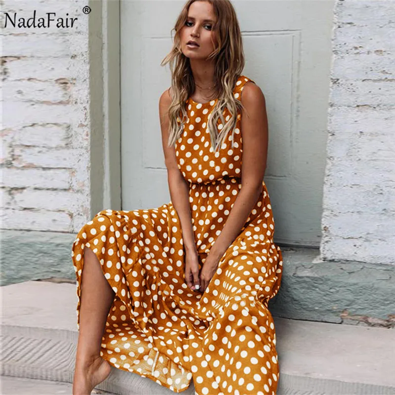Nadafair Maxi Polka Dot Dress Women Boho Beach Party Chiffon Summer Dress Elastic Waist Dot Casual Elegant Long Dress Vestidos