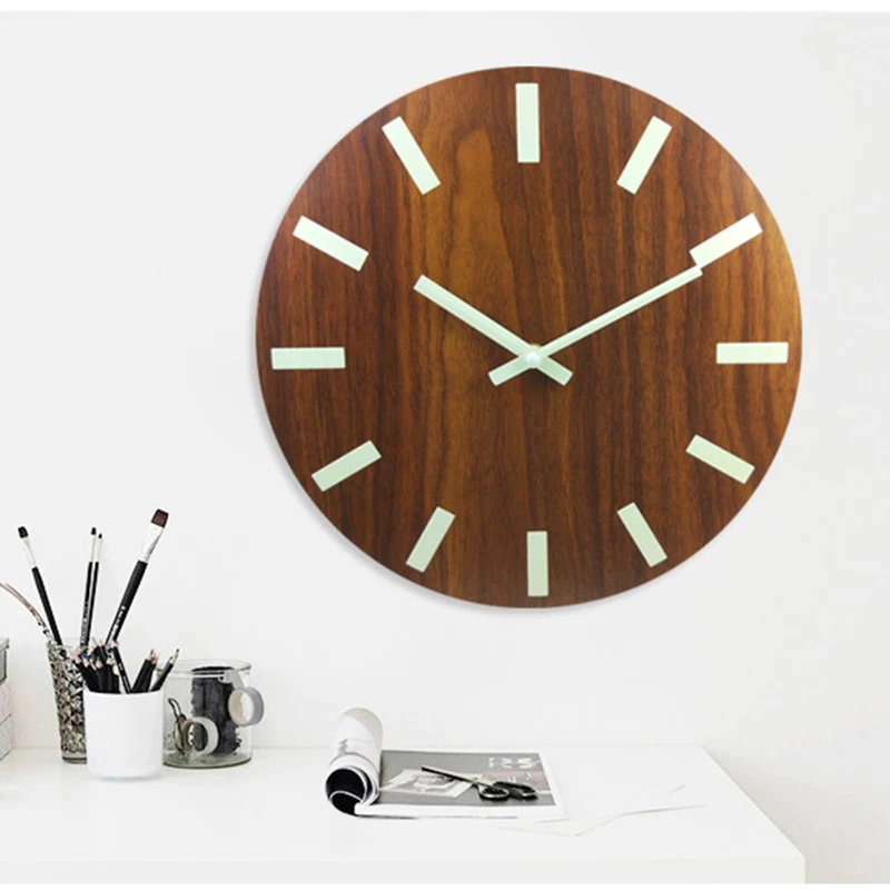 3D Modern Design Bedroom Living Room 12 Inch Luminous Wall Clock Wood Silent Home Decor Glow Dark Quartz Wall Hanging Clock