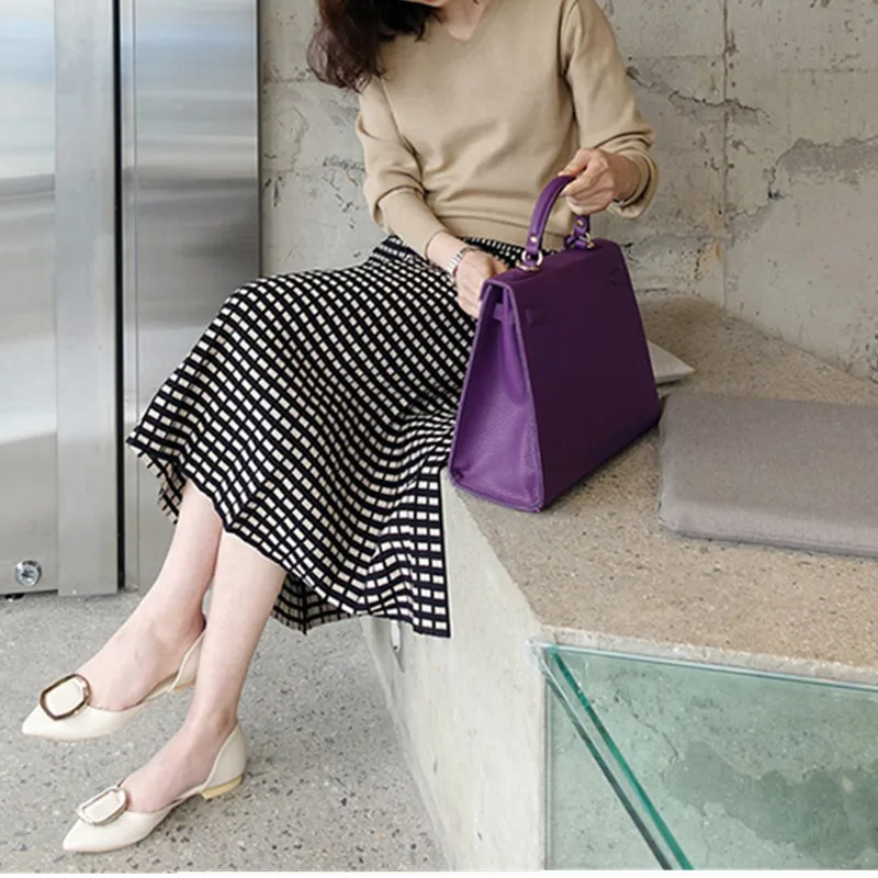 בציר אופנה קפלים חצאית נשים אלגנטי סרוג חצאית חדשה חורף משרד ליידי גבוהה מותן אונליין ארוך חצאיות Saia