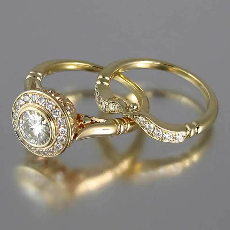 Роскошное Женское Обручальное кольцо, набор, винтажное Кристальное желтое золото, заполненное цветом, штабелируемое кольцо, обещающее обручальное кольцо для женщин