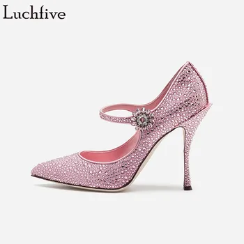 

Luchfive Full Rhinestone Flower Button Pumps Women 2019 New High Heel Silk Sheepskin Pointed Toe Dress Wedding Single Shoes