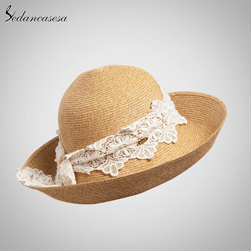 Летняя мода Дамская Летняя соломенная шляпа с кружевным солнцезащитным козырьком высокого качества с широкими полями для женщин SW129002
