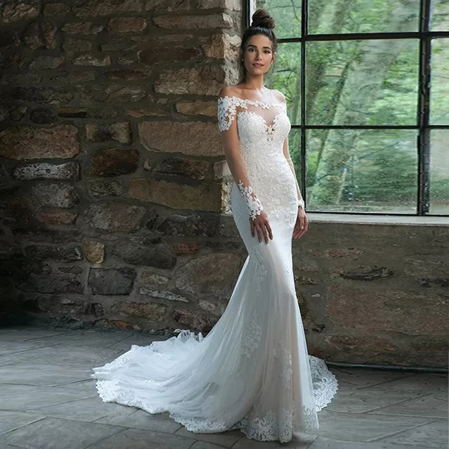 

Illusion Lace Off the Shoulder Fit and Flare Mermaid Wedding Gown Long Sleeves Applique Lace Bridal Dresses vestido de noiva
