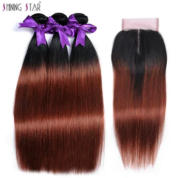 

Brown Red 3 Ombre Bundles With Closure Human Hair Colored 1B 33 Brazilian Straight Hair Bundles With Closure Nonremy ShiningStar