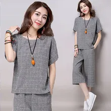 Women outfit 2 piece set crop top and pants suits summer cotton linen plus size co-ord set plaid clothing plus size M-3XL 4XL Women outfit 2 piece set crop top and pants suits summer cotton linen plus size co-ord set plaid clothing plus size M-3XL 4XL