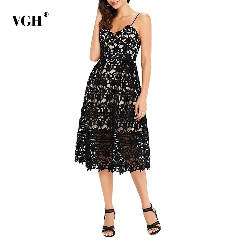 

VGH Sexy Off Shoulder Dresses For Women V Neck Sleeveless Lace Hollow Out Backless Midi Dress Female Summer Fashion Tide 2018