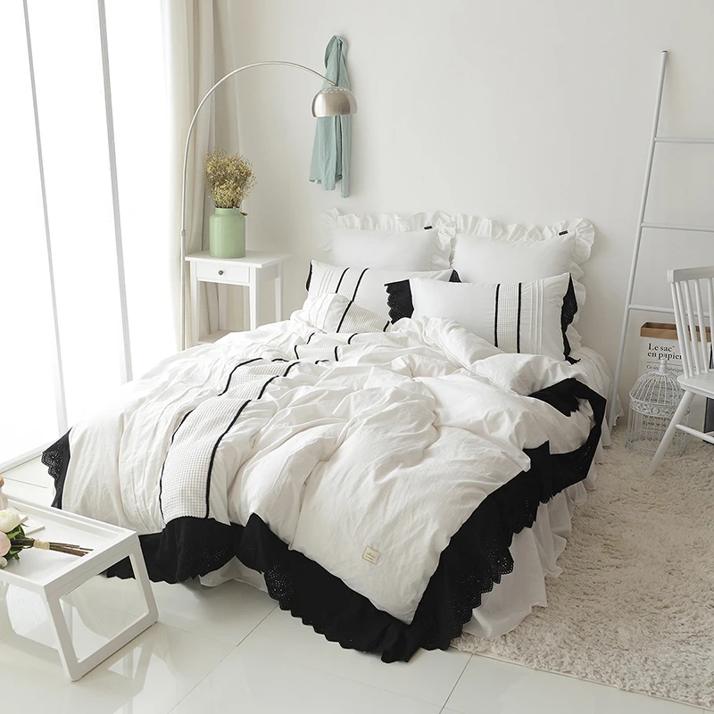 100 Cotton White Cream Black Lace Korea Bedding Set King Queen