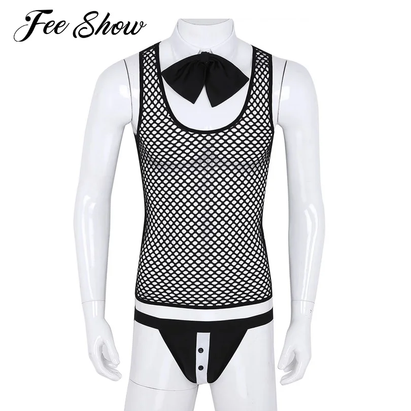 Gay Mens Butler Waiter Tuxedo Lingerie Suit Cosplay Costumes See Through Mesh Vest Top