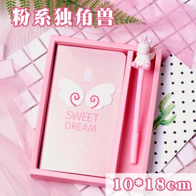 INS Cute Diary Set Wind Pink Unicorn Flamingo Creative Notebook Sub Notepad Pen Set Korea Stationery Kawaii Diary School Girl - Цвет: PINK WINGS S