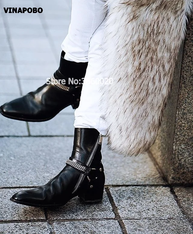 Реальное изображение; черные роскошные мужские ботинки «Челси» из натуральной кожи с высоким берцем и пряжкой на щиколотке; модная обувь ручной работы