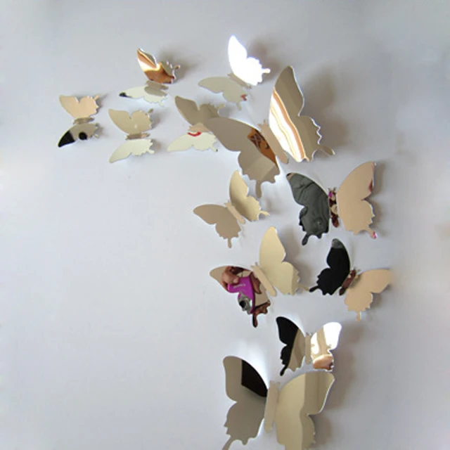 12x Mirror Sliver 3D Butterflies Wall Stickers Party Wedding Decor Home Decoration Removable Decal Vinyl Art Mural Wall Sticker