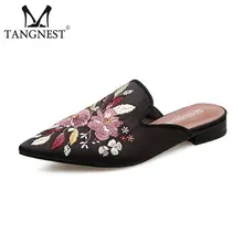 Tangnest бренд этнические вышивать Для женщин Шлёпанцы пикантные острый носок Спинки женские туфли на плоской подошве с цветочным принтом мягкая подошва тапочки XWT1431