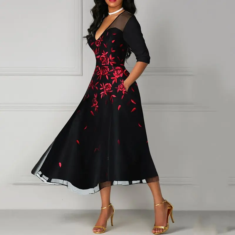 

Women Floral Print Sexy Party Dress Elegant Mesh See Through Deep V Black High Waist Large Size Summer Vintage Dresses Female