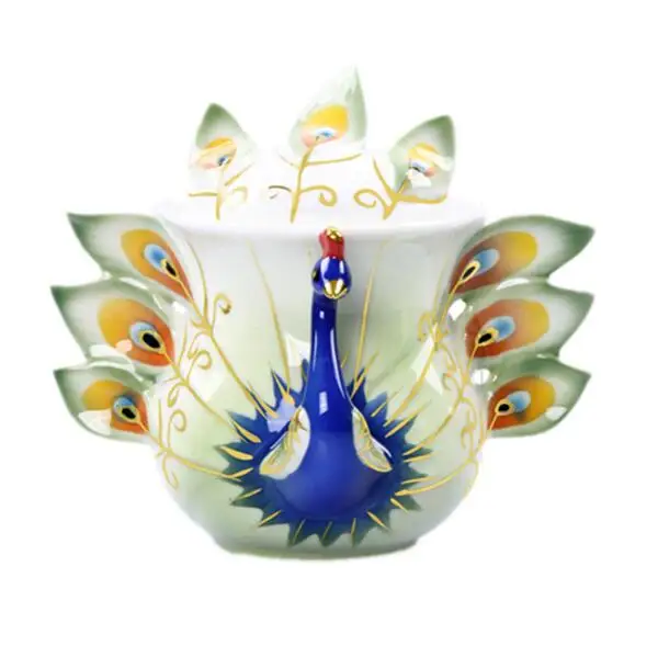 Színes Zománc 3D Peacock Kávé Tea Cukros Kannák Tejforraló Kreatív Csont Edények Porcelán Készlet - Image 4