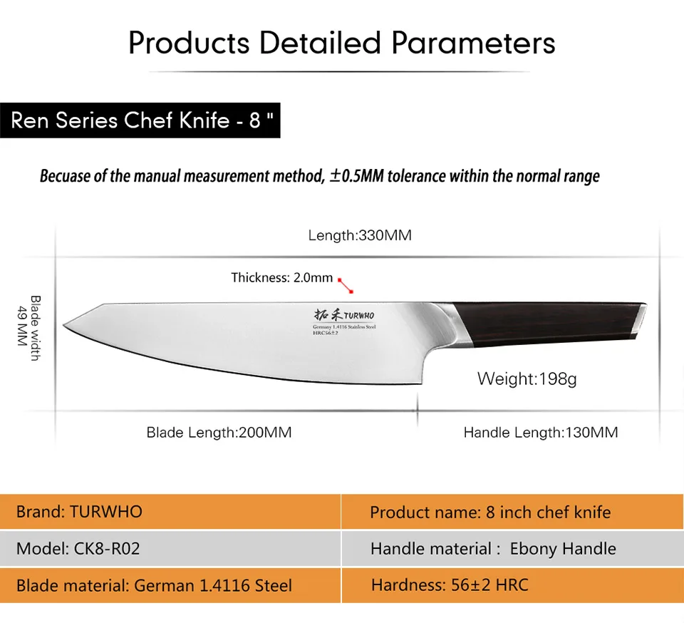TURWHO 8 ''профессиональный нож шеф-повара Германия 1,4116 кухонные ножи из нержавеющей стали очень острый мясной овощной нож ручка из черного дерева