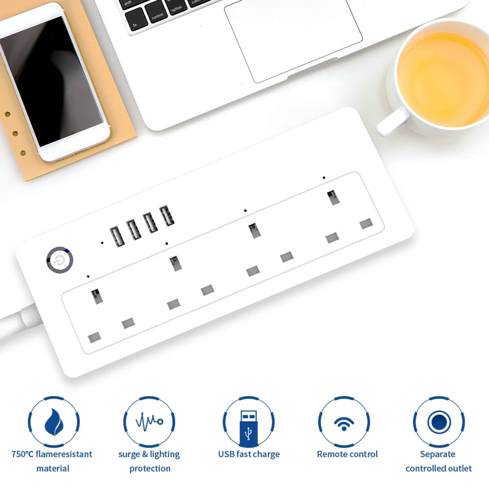 1,5 м 16А Wi-Fi Розетка Wifi USB силовая полоса Smart US Plug Переключатель перегрузки защита от перенапряжения 4 розетки 4 порта USB зарядное устройство