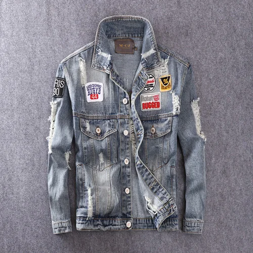 American Streetwear Fashion Men Jacket Blue Color Patches Spliced Cotton Coats Ripped Denim Jacket Men Hip Hop Jacket masculina - Цвет: Blue Color