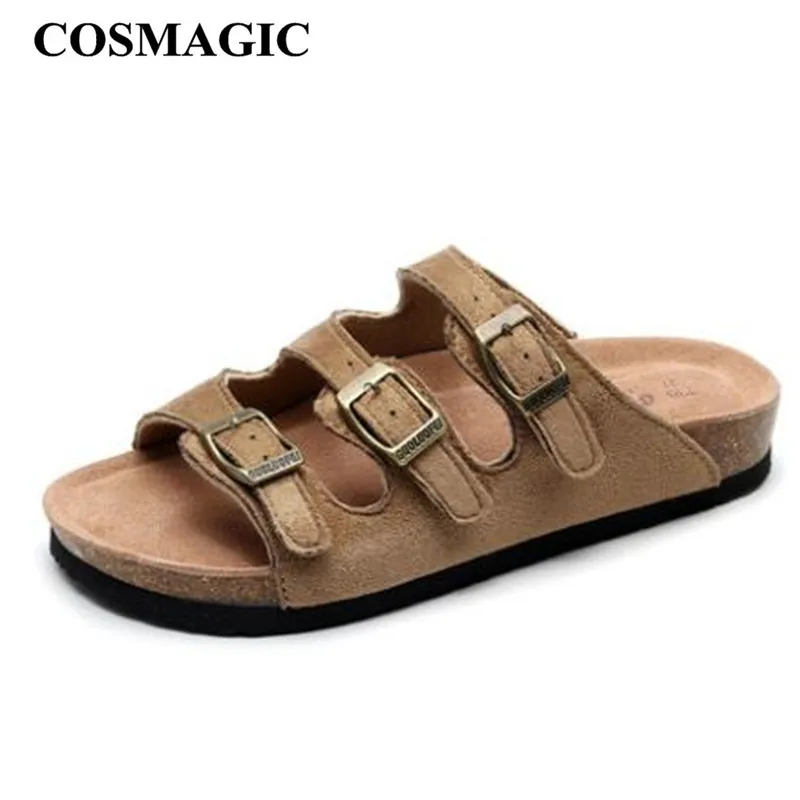 

COSMAGIC 2019 New Summer Beach Cork Slippers Casual Women Buckle Nubuck Leather Solid Color Clogs Slip on Slides Shoe