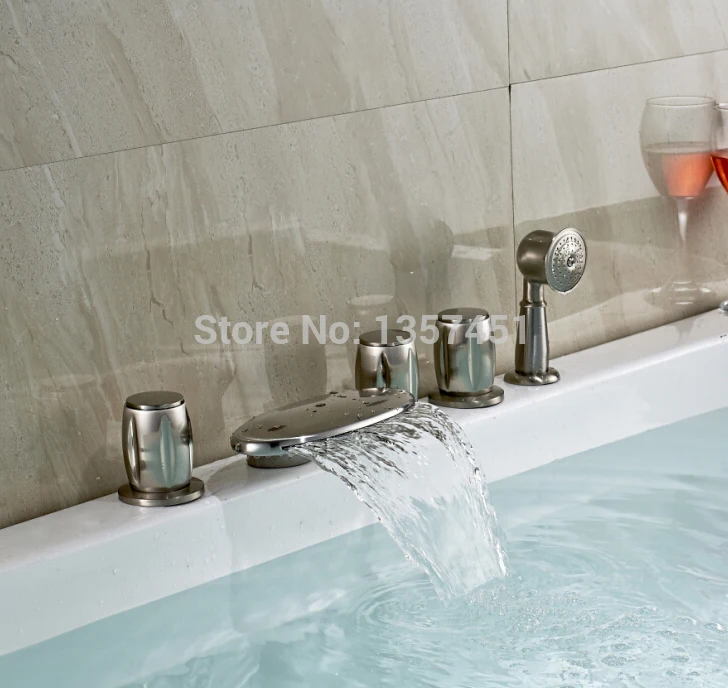 

Waterfall Spout 5pcs Bathtub Faucet 3 Handles Mixer Tap Brushed Nickel Finish