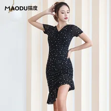 Модное сексуальное платье с коротким рукавом для латинских танцев с рюшами, тонкое цельное платье для женщин/женщин, костюмы для бальных танцев Танго ча румбы MD9126