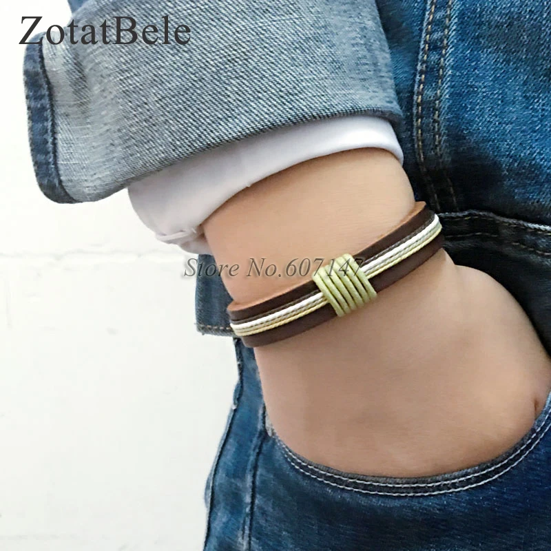 6pcs/lot Twist Handmade Bangle pulseira masculina Wrap Brown Retro Genuine Leather Bracelet Men with Braided Rope PT12 | Украшения и