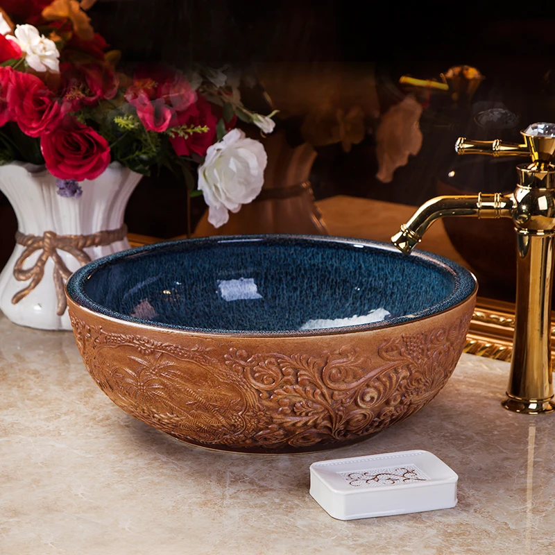 Creative home bathroom art pattern Bowl-shaped wash basin above counter top wash basin sinks chinese porcelain wash basin   (6)