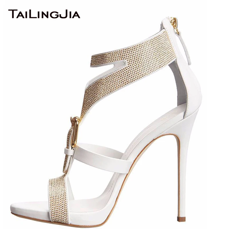 

Shiny Small Crystal Buckle High Heel Woman Sandals Big Brand Open Toe Buckle Ladies Summer Sexy Party Wedding Dress Shoes 2019